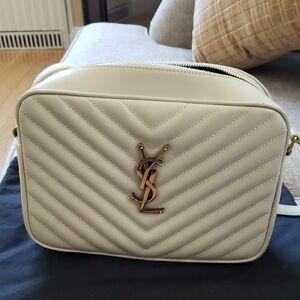 Yves Saint Laurent Cream Gold Crossbody Bag with Structured Design